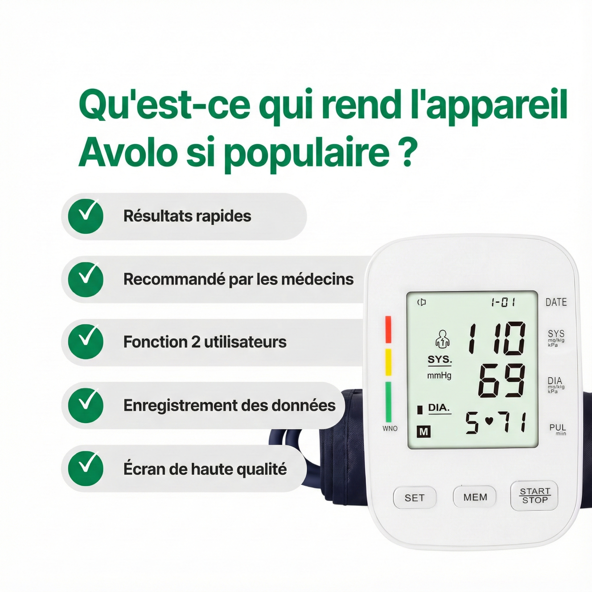 Tensiomètre Électronique à Bras — Écran digital, brassard confortable avec mémoire — Mesure de la tension et du pouls