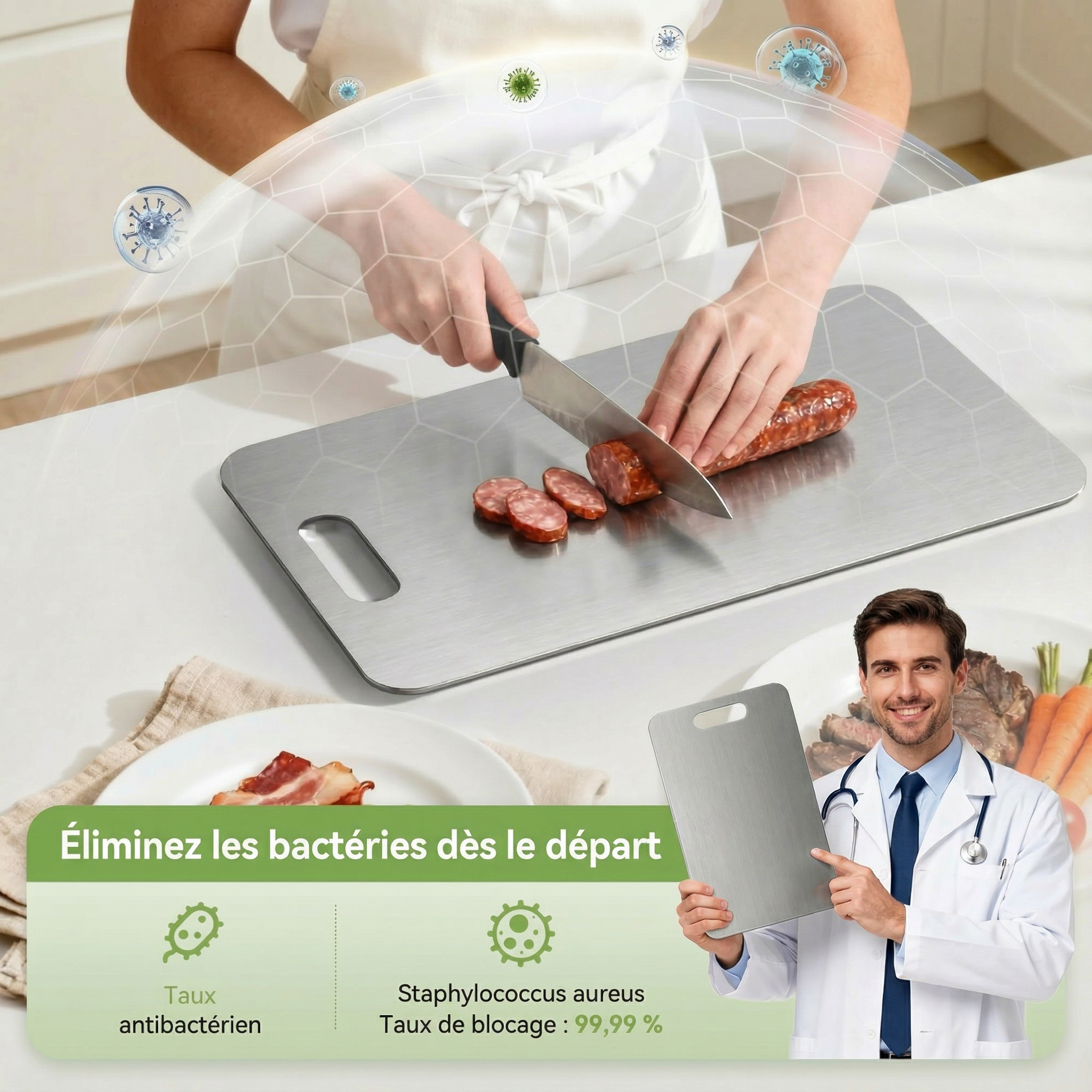 Avolo Planche à découper en inox — 100 % acier inoxydable, sans substances nocives, compatible lave-vaisselle